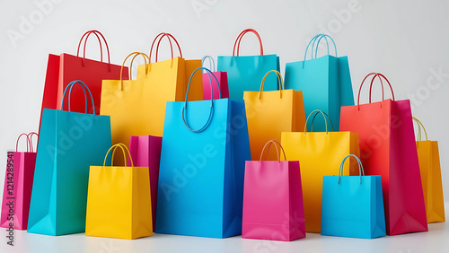 Assorted Brightly Colored Shopping Bags in Various Sizes for Stylish Retail Needs photo