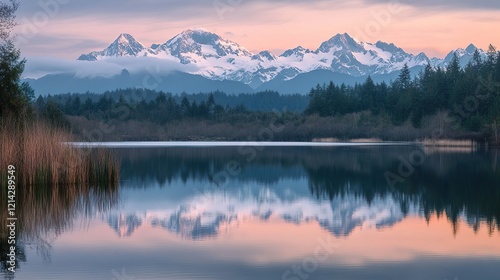 Mountains and lake under a soft, clear sky, surrounded by trees and plants, portrayed in a peaceful and serene style with natural lighting and reflection. 