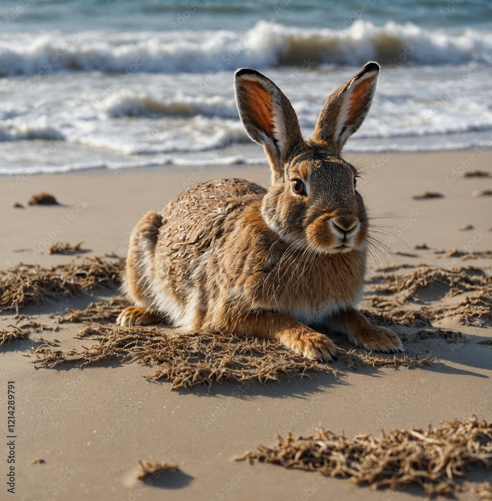 A hare lying on a sandy beach with gentle waves lapping in the background. A hare lying on a sandy beach with gentle waves lapping in the background.