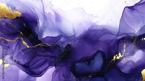 Abstract art background with alcohol ink painting, in shades of purple, blue, and gold. Modern luxury wallpaper design for wall decoration