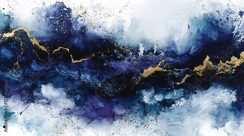 Abstract art background with alcohol ink painting, in shades of purple, blue, and gold. Modern luxury wallpaper design for wall decoration