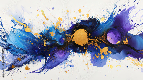 Abstract art background with alcohol ink painting, in shades of purple, blue, and gold. Modern luxury wallpaper design for wall decoration
