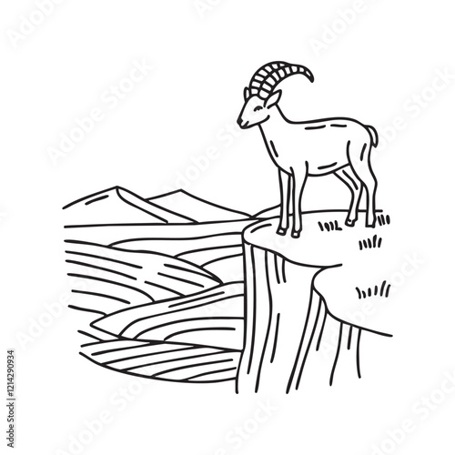 An ibex standing on a steep cliff, gazing over the valley below