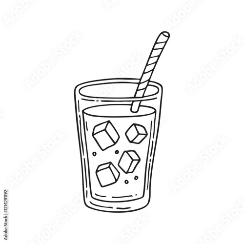 A glass of soda with straw ice cubes floating on the surface