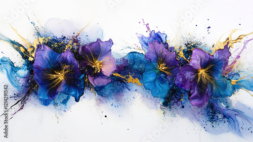 Abstract art background with alcohol ink painting, in shades of purple, blue, and gold. Modern luxury wallpaper design for wall decoration