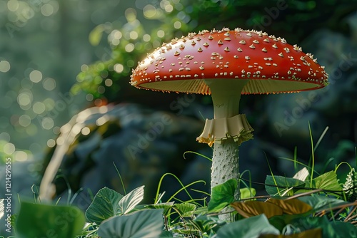 Flawless Visual of Fresh Fly Agaric Mushroom Cap in Forest Foliage photo