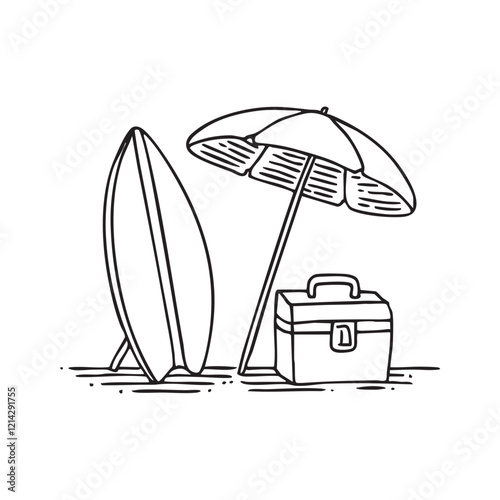 A portable icebox next to a surfboard and umbrella on the beach