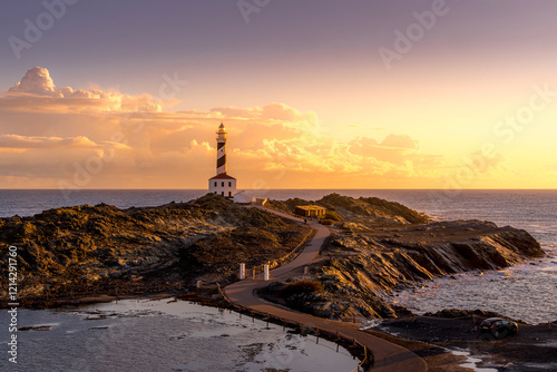 Obraz na płótnie Tranquil Coastal Morning, Faro de Favaritx, Menorca. Lighthouse glowing under soft dawn light with vibrant skies and a peaceful seascape w salonie