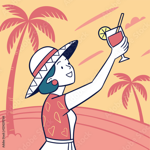 Girl in stylish hat taking selfie with cocktail vector image