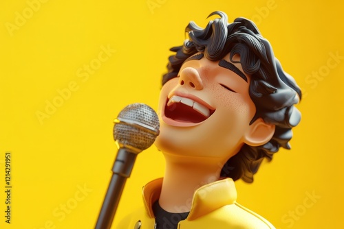 Joyful Cartoon Singer Holding Microphone Yellow Background photo