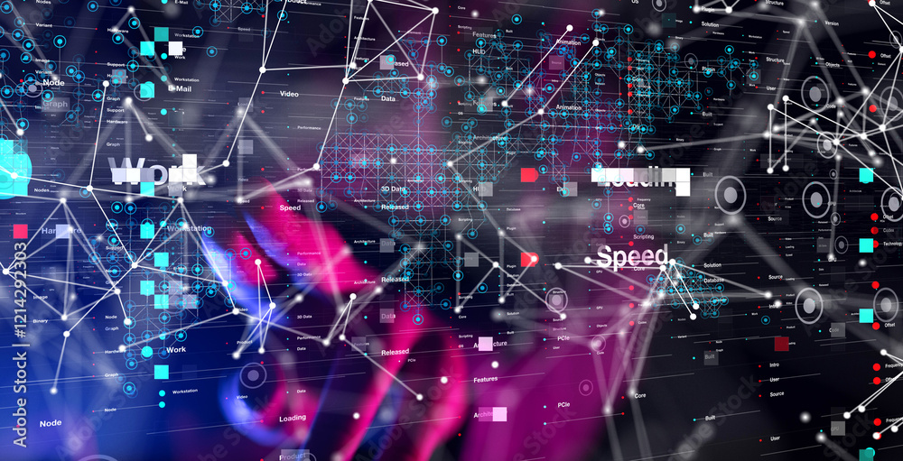 Obraz premium Neural network 3D illustration. Big data and cybersecurity