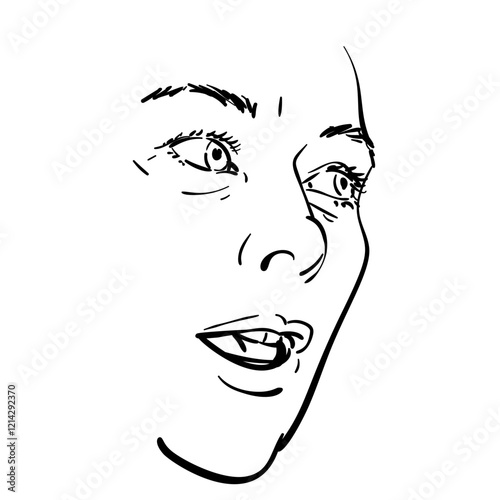 Woman with open mouth face looking aside isolated, Vector linear sketch, Hand drawn illustration