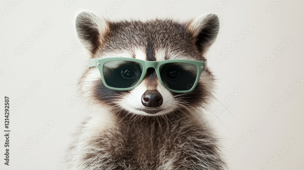 Close-up of a funny raccoon wearing green sunglasses with a blank background Close-up of a funny raccoon wearing green sunglasses with a blank background