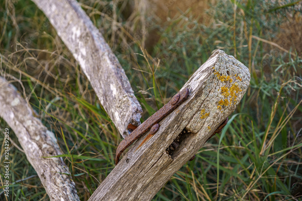 A Close-up View Of A Weathered Wooden Fence Post With A Rusty Metal Hinge, Covered With Lichen And Moss. Captures The Rustic And Aged Appearance Of Traditional Fences Found In Menorca Rural Landscapes