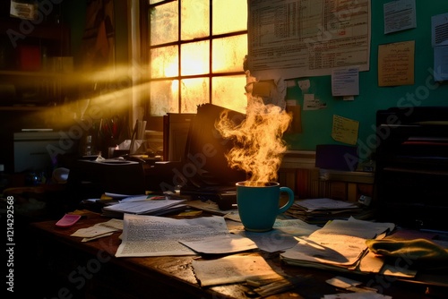 A steaming cup of coffee placed on a cluttered desk at sunset, representing exhaustion