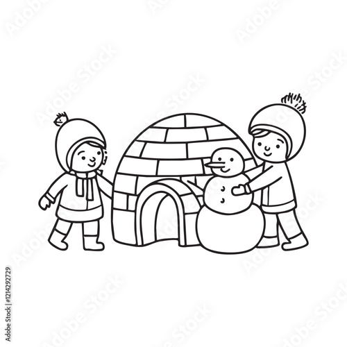 A children build snowman beside an igloo