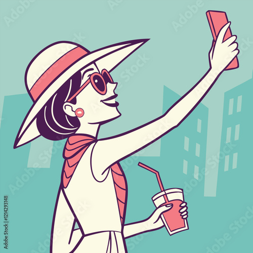 Girl in stylish hat taking selfie with cocktail vector image