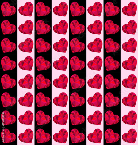 Seamless pattern of vibrant geometric low-poly red hearts creating a captivating visual rhythm. Bold contrast between red, black, and pink creates a striking visual impact. For textile, stationery 