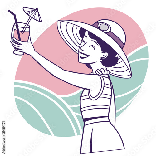 Girl in stylish hat taking selfie with cocktail vector image