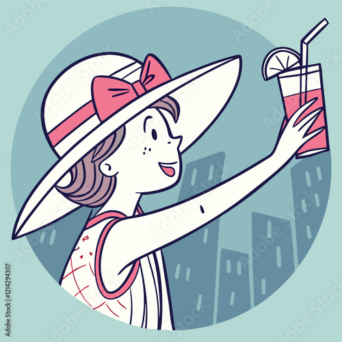 Girl in stylish hat taking selfie with cocktail vector image