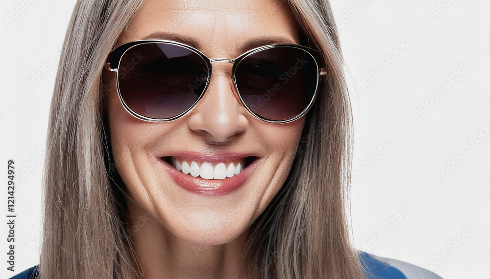 Close-Up Portrait of Smiling woman with Sunglasses on White Background Close-Up Portrait of Smiling woman with Sunglasses on White Background