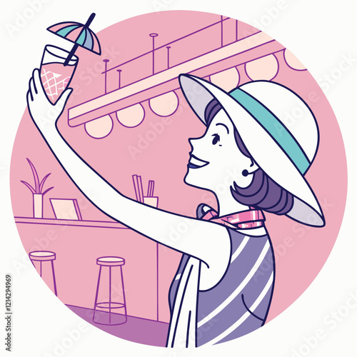 Girl in stylish hat taking selfie with cocktail vector image