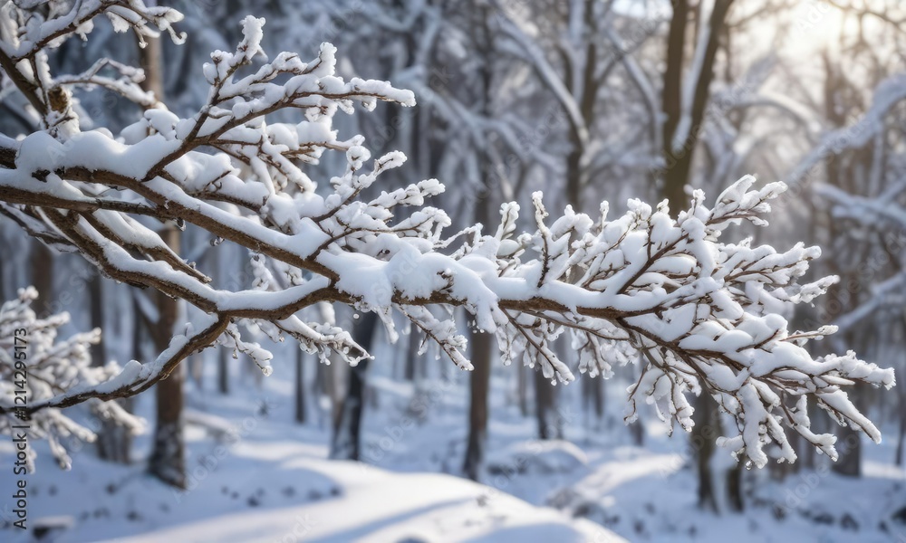 Close-up of snow-covered branches in winter forest, frost, seasonal Close-up of snow-covered branches in winter forest, frost, seasonal