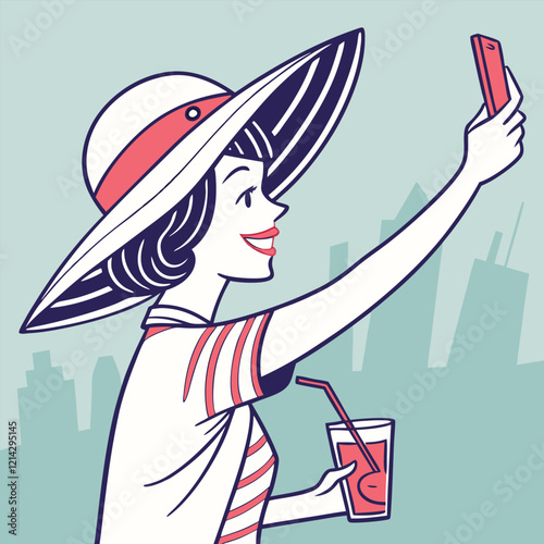 Girl in stylish hat taking selfie with cocktail vector image