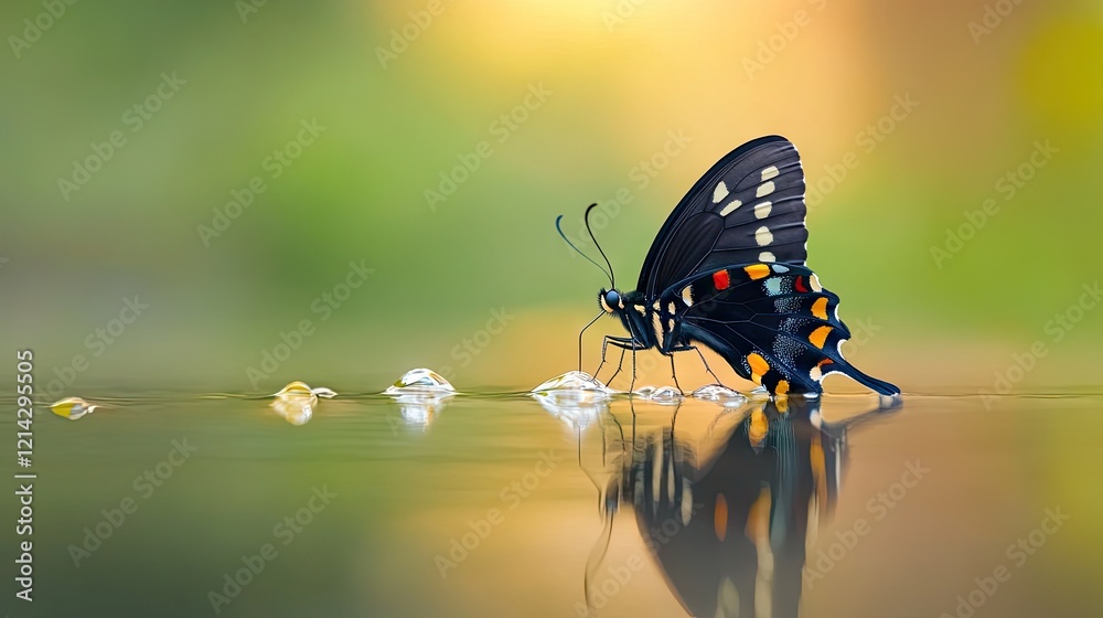 Fototapeta premium A peaceful moment of a Blue Mountain Swallow Butterfly in a reflective pool of water, its details in sharp focus