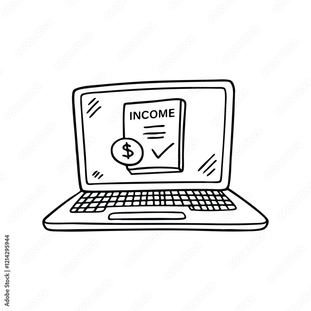 A payment notification on their laptop, labeled Income Earned A payment notification on their laptop, labeled Income Earned
