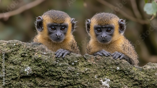 Two Adorable GoldenCrowned Monkey Infants Resting photo