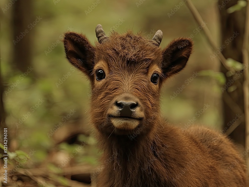 Fototapeta premium Young Takin calf in forest, curious gaze, wildlife photo, nature background, stock image