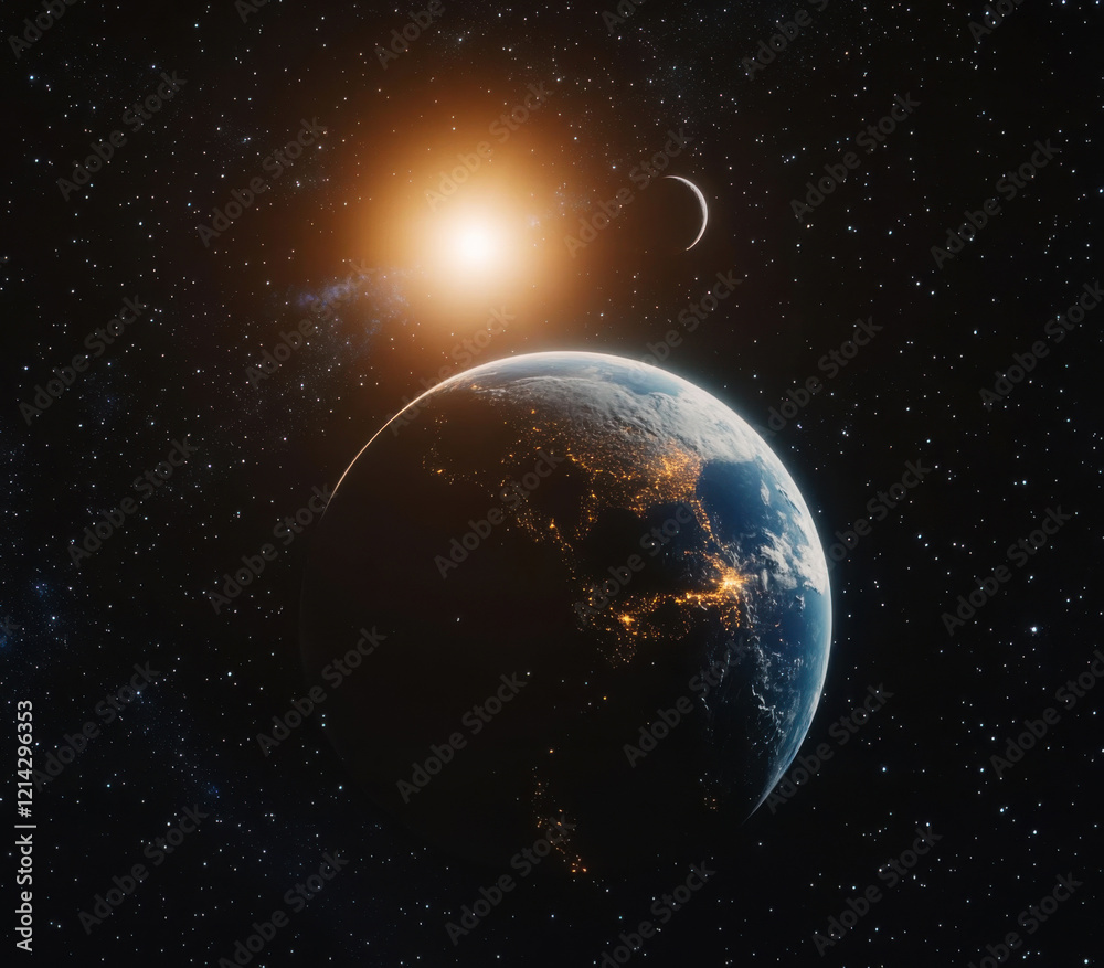 Fototapeta premium Cosmic view of Earth with bright sun and distant moon against the backdrop of space