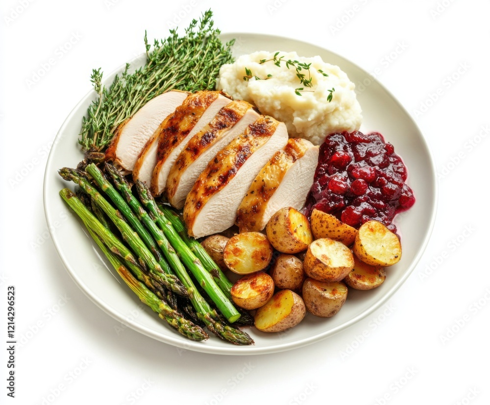 Savory turkey breast slices with roasted potatoes, asparagus, and cranberry sauce on a white plate Savory turkey breast slices with roasted potatoes, asparagus, and cranberry sauce on a white plate