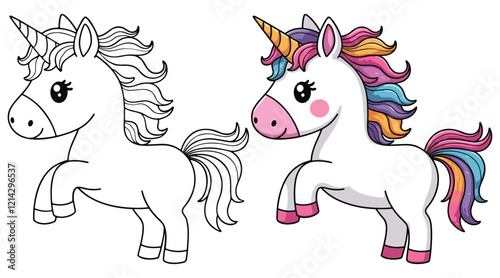 Wallpaper Mural Cute Kawaii Unicorn Line Art Vector Illustration Black and White with Coloring Sample. Bold and Easy Animals Coloring Pages for Adults and Kids. Kids apparel print design Torontodigital.ca