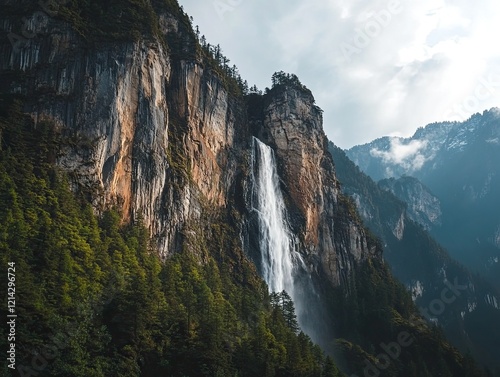 Majestic waterfall cascading down rocky mountainside, alpine scenery, travel background