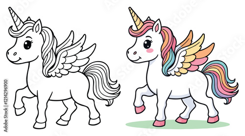 Cute Kawaii Unicorn Line Art Vector Illustration Black and White with Coloring Sample. Bold and Easy Animals Coloring Pages for Adults and Kids. Kids apparel print design