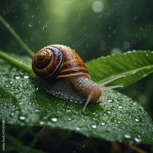 Snail on wet leaf.one snails on wet leaf.Snail Crawling on a Green Leaf photo