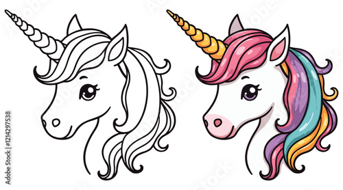 Cute Kawaii Unicorn Head Line Art Vector Illustration Black and White with Coloring Sample. Bold and Easy Animals Coloring Pages for Adults and Kids. Kids apparel print design