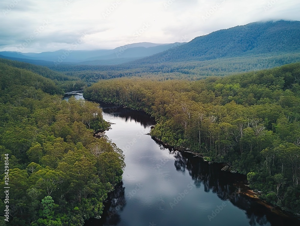 Fototapeta premium Aerial view of river winding through lush forest, mountains in background; nature travel, tourism
