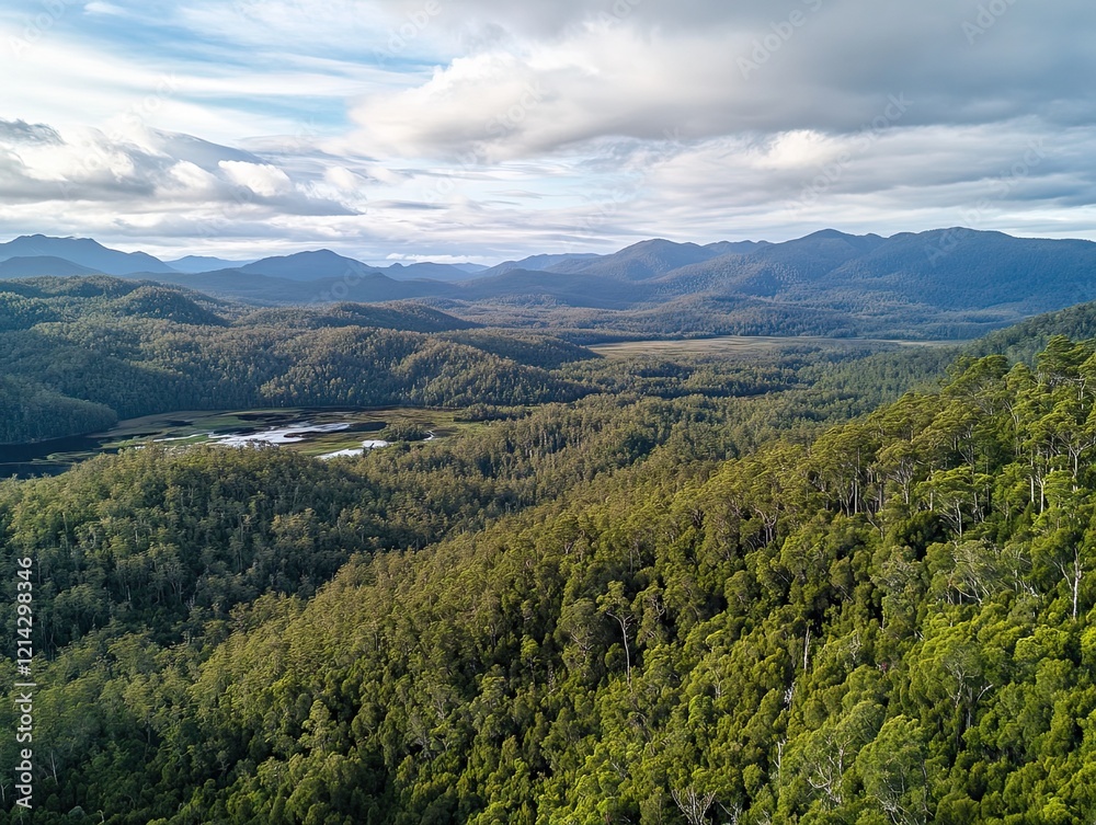 Aerial view of lush green forest, mountains, and valley in Tasmania, Australia; nature background Aerial view of lush green forest, mountains, and valley in Tasmania, Australia; nature background