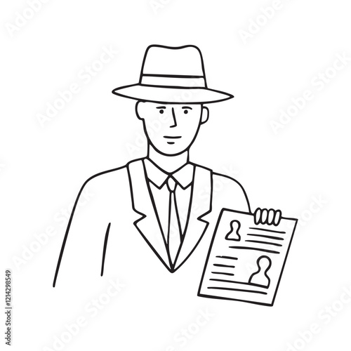 A detective-style inspector holding a document with a list of wanted persons