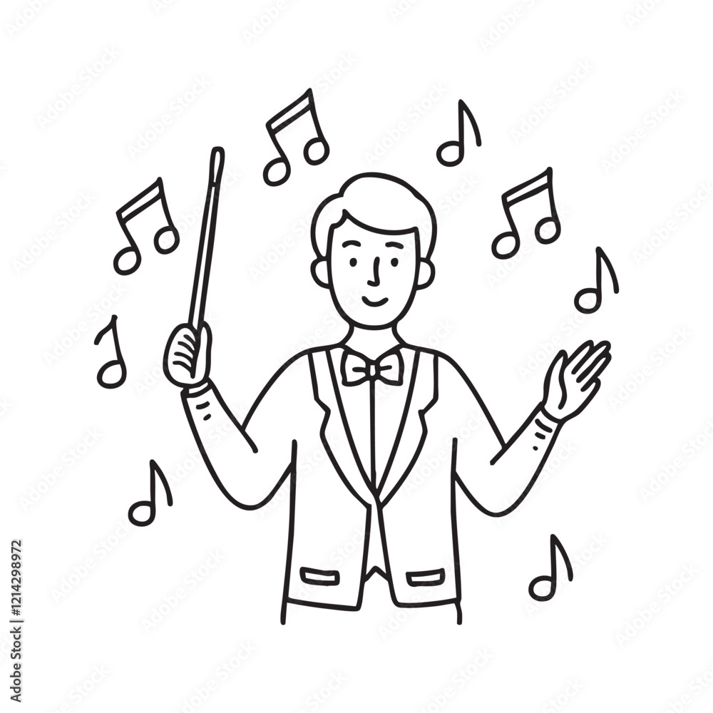 A male conductor giving instructions with a baton to an orchestra, surrounded by musical notes A male conductor giving instructions with a baton to an orchestra, surrounded by musical notes