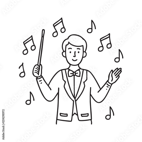 A male conductor giving instructions with a baton to an orchestra, surrounded by musical notes