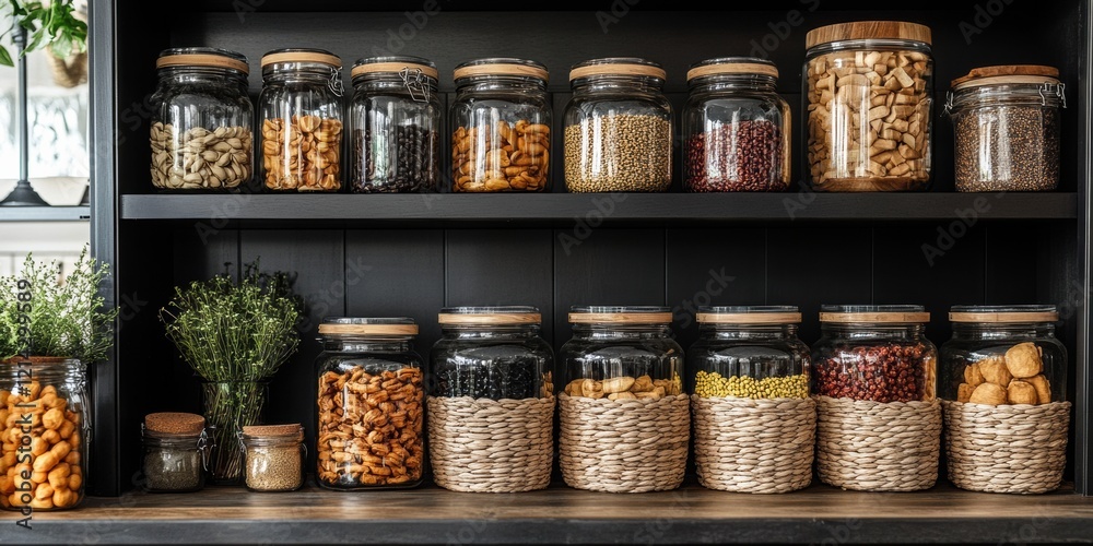 Organized chic pantry space with vertical storage solutions modern kitchen food containers stylish design functional environment minimalist concept Organized chic pantry space with vertical storage solutions modern kitchen food containers stylish design functional environment minimalist concept