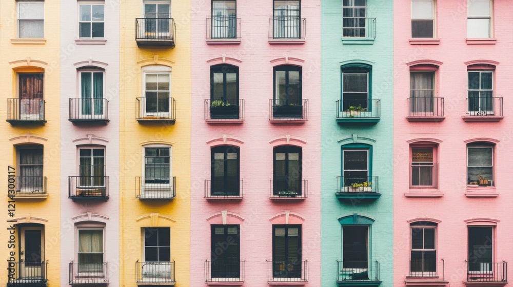 Fototapeta premium Colorful building facade with multiple windows and balconies.