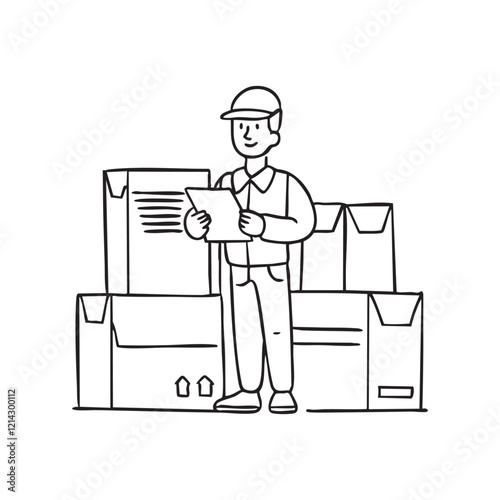 A worker checking inventory of cardboard boxes in a stockroom