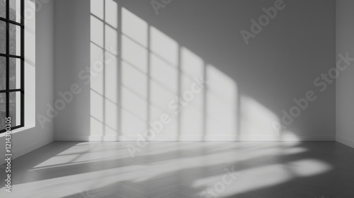 A large room with a window and a wall. The room is empty and has a very clean and simple design