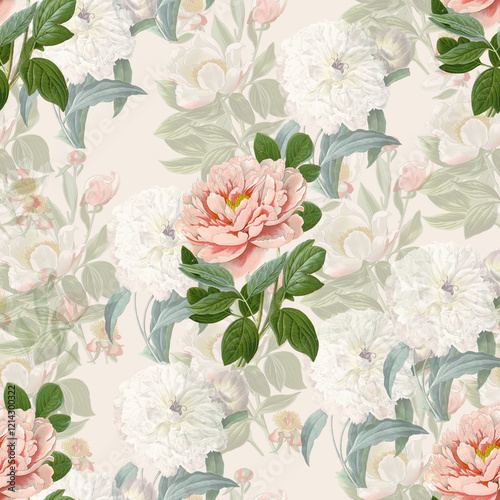 Wallpaper Mural Seamless pattern of vintage peony on beige background. Delicate botanical repeating design illustration Torontodigital.ca