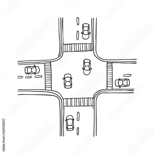 A bustling city street intersection with cars and pedestrians crossing